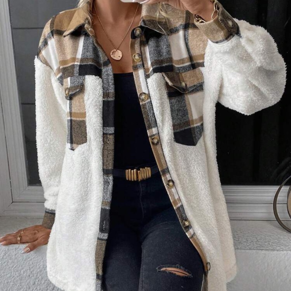 New plaid print button down Teddy jacket